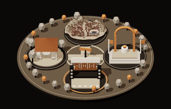 A miniature mountain city with a festival stadium, rest areas and a scholarship stage.